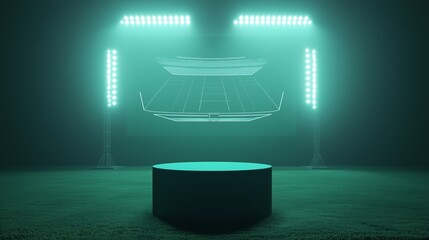 A photo of an empty 3D podium under stadium lights, with a large football graphic behind, isolated on a dark green background