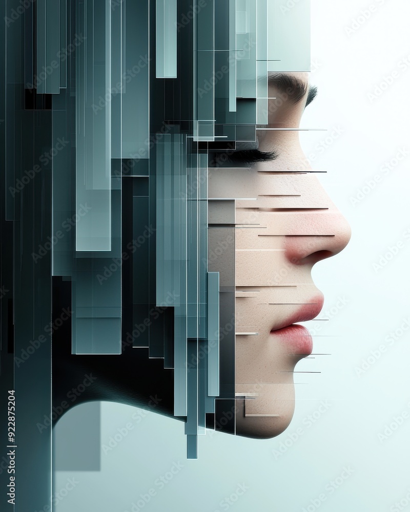 Poster an abstract portrayal of a woman's face, merging technology and art with fragmented elements creatin