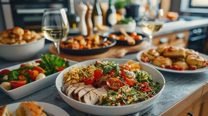 A group of friends gathered around a table enjoying a diverse selection of homemade and freshly prepared dishes along with beverages in a cozy and inviting setting
