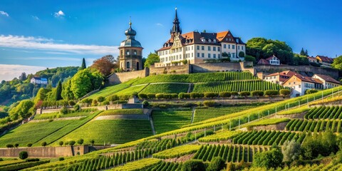 Vibrant image of the sunny Radebeul wine slopes in Dresden with the iconic Spitzhaus building against blue sky, Radebeul, Sachsen