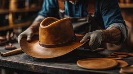 A craftsman meticulously shapes a leather cowboy hat, showcasing skill and artistry in a well-equipped workshop.