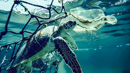 A distressed sea turtle caught in a discarded fishing net struggling to free itself from the underwater entanglement that threatens its life