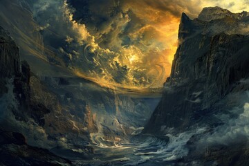 Fototapeta premium Epic Fantasy Landscape with Golden Skies