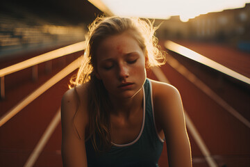 tired girl taking a break on a running track