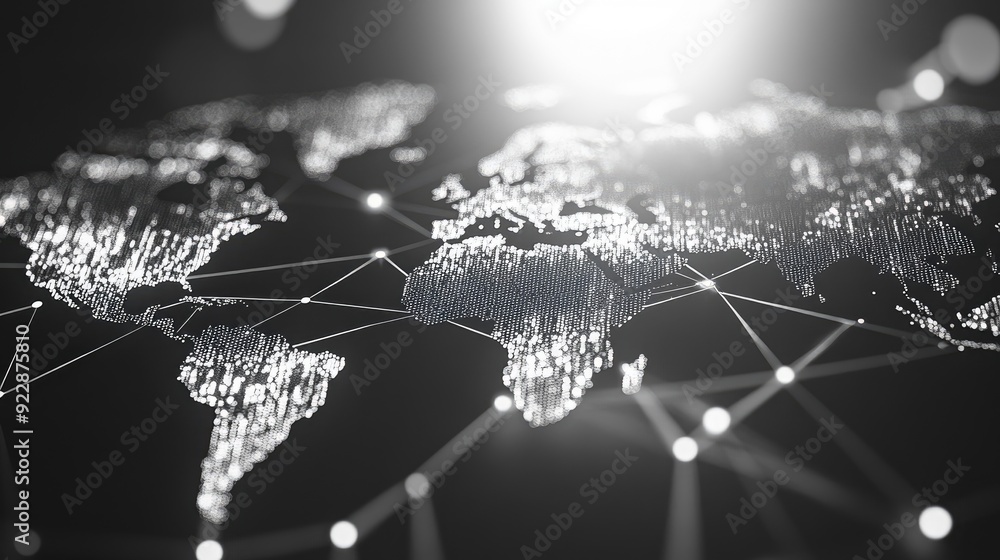 Poster a world map made of dots with connecting lines and white lights in the background.