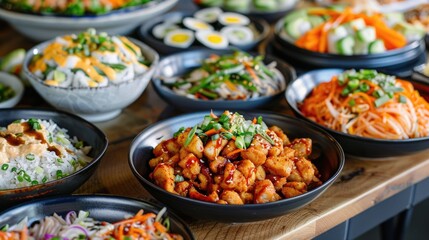 Fototapeta premium Delectable array of traditional Korean small plates and dishes being enjoyed during a casual tasting session with friends set against a blurred background for a cozy intimate atmosphere