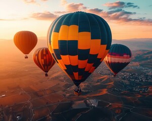 Obraz premium Hot air balloons in the sky, vibrant colors, floating serenity, aerial view