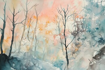 A tranquil watercolor painting of a forest with bare trees and soft, fading colors evoking calm and serenity.