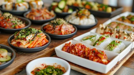Authentic Korean cuisine tasting experience with an array of small plates and dishes shared among friends on a rustic wooden table showcasing the vibrant colors flavors