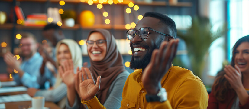 Office Celebration: Inclusive Team Clapping in a Happy Environment
