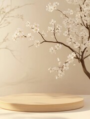 Geometric empty podium wooden platform stand for product presentation and spring flowering tree branch with white flowers on pastel beige background with generative ai