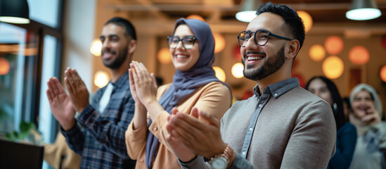 Celebration at Work: Diverse Employees Clapping in Office
