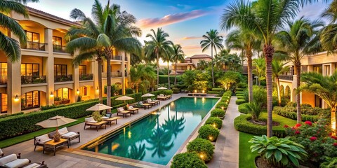 Fototapeta premium Luxurious suites and lush gardens in a resort setting captured in stunning HD clarity, luxury, opulent, suites, vibrant gardens