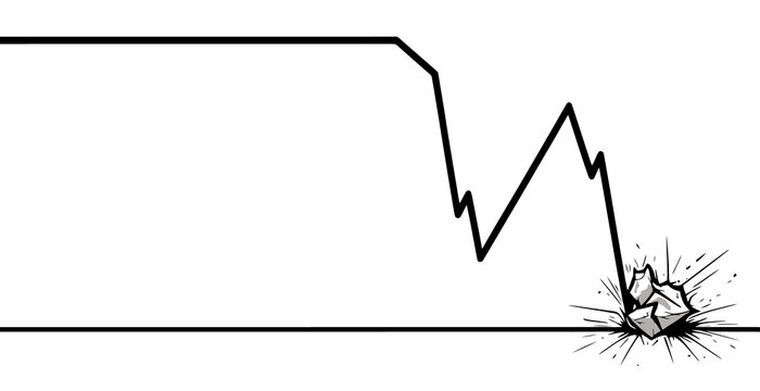 Minimalist cartoon illustration of stock ticker arrow crashing to rock bottom on transparent background.