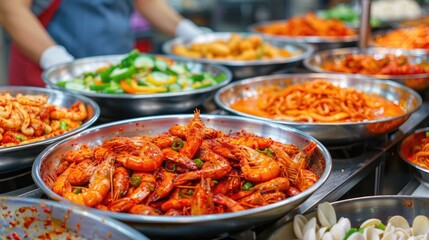Obraz premium Vibrant Korean Street Food Snacks Shared by Friends on a Blurred Background