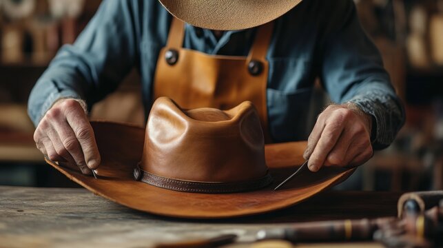 A skilled artisan carefully shapes a leather cowboy hat on a workbench, focused on the details in a well-lit workshop.