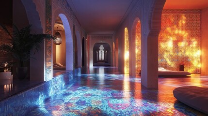 Obraz premium Interior Design with Arches, Water, and Warm Lighting