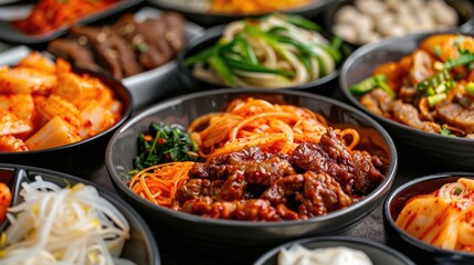 Fototapeta premium Enjoying a variety of delicious Korean street food dishes with a group of friends in an energetic urban environment highlighting the social and cultural aspects of this culinary experience