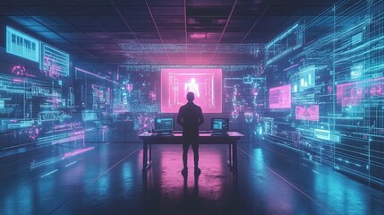 Obraz premium A lone figure in a futuristic digital landscape with glowing screens and neon lights
