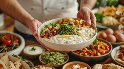 A group of friends enjoying a traditional Middle Eastern style meal sharing an assortment of small plates known as mezze featuring a diverse array of vibrant
