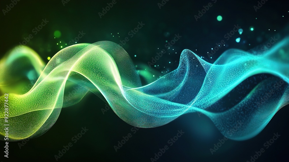 Poster a tech background with a digital wave pattern in vibrant green and blue, symbolizing information flo