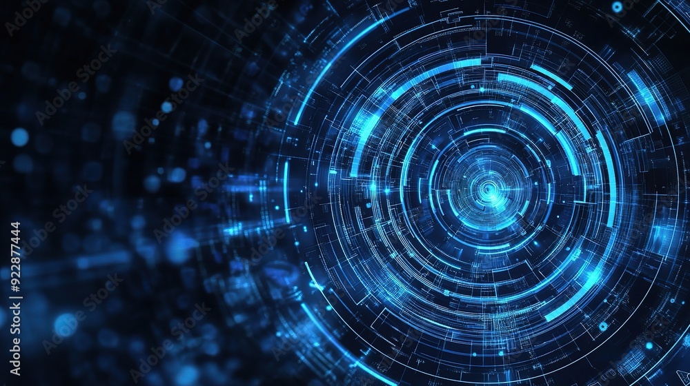 Poster abstract digital technology: futuristic blue glowing circles and lines create an abstract digital te