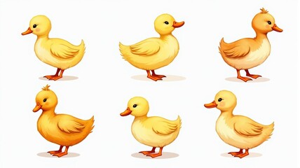 Fototapeta premium Adorable Ducklings Illustration in Various Poses - Cute Yellow Baby Ducks for Kids' Art and Education