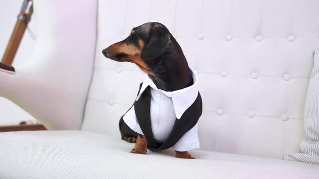 Impatient dachshund dog in elegant white shirt and vest barks, attracts attention, looks around, waits for start of advertising photo shoot for premium leather furniture Premium segment pet clothing