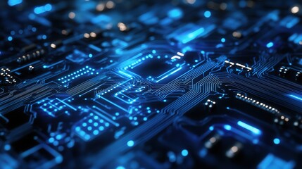 Cybernetic Pulse: Abstract close-up of a circuit board, glowing with vibrant blue light, showcasing intricate technological details and the power of digital innovation.