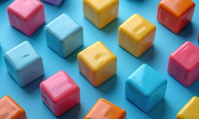 Obraz premium colorful plastic building blocks on pastel blue background flat lay top view copy space educational baby game concept.