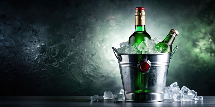 Illustrative editorial of Tanqueray Gin bottle in an ice bucket , Tanqueray, Gin, bottle, ice bucket, refreshing