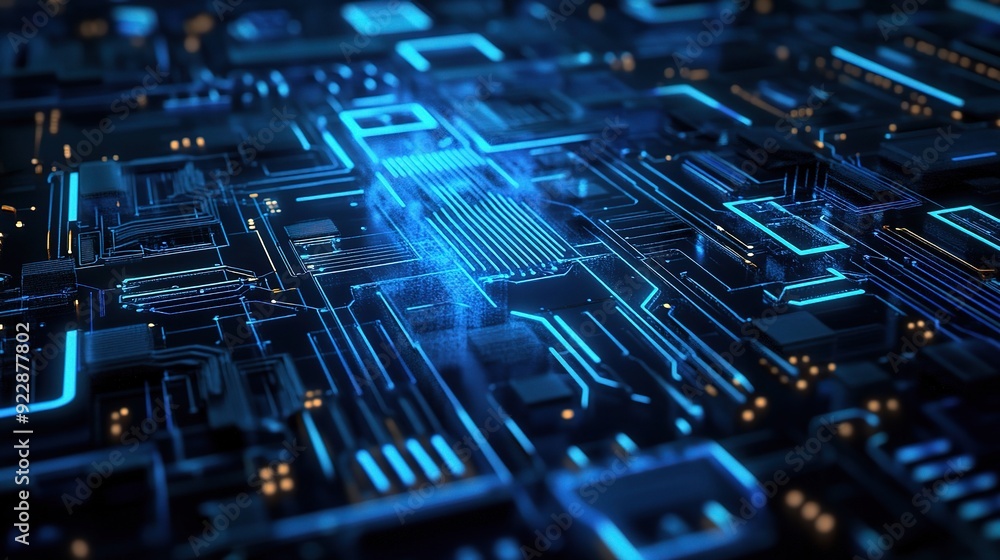 Poster circuitry of innovation: glowing blue lines trace the intricate pathways of a futuristic circuit boa
