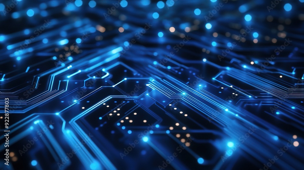 Poster glowing circuit board: abstract close-up of a futuristic circuit board with glowing blue lines and c