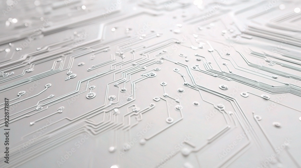 Poster circuitry abstract: a close-up, macro shot of a gleaming silver circuit board, its intricate pathway