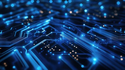 Glowing Circuit Board: Abstract close-up of a futuristic circuit board with glowing blue lines and connections, representing innovation and technology.  