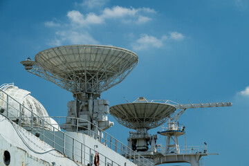 Close-up of the radar antenna of an ocean surveillance ship.