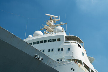 Close-up of the radar antenna of an ocean surveillance ship.