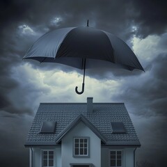A black umbrella hovers above a house as storm clouds pass overhead - insurance protection concept