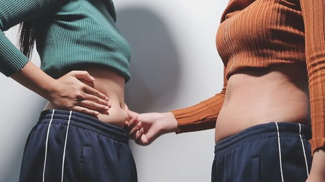 fat woman, fat belly, chubby, obese woman hand holding excessive belly fat with measure tape, woman diet lifestyle concept