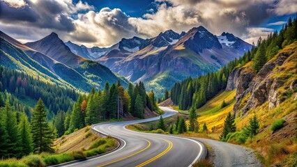 Fototapeta premium Scenic winding road through the mountains , Mountain, Curvy, Scenic, Drive, Landscape, Nature, Adventure, Travel, Destination