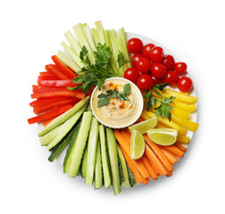 Tasty homemade hummus and different vegetables isolated on white, top view