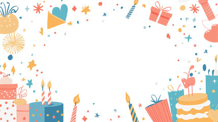 Fototapeta premium A playful border with a mix of bright, hand-drawn birthday elements like cakes, presents, and candles, leaving the center blank.