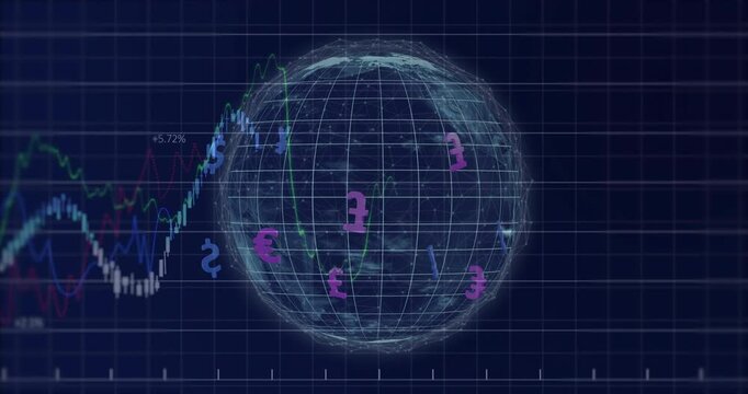 Global currency symbols and financial data animation over rotating wireframe globe