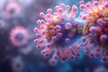 Fototapeta premium Detailed 3D rendering of a virus molecule showcasing its spiked protein structure, highlighting biological details against a blurred background. 