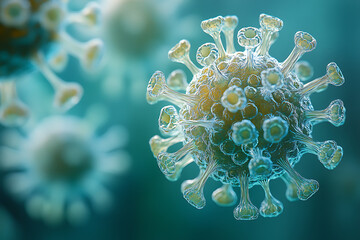 Obraz premium Detailed 3D rendering of a virus molecule showcasing its spiked protein structure, highlighting biological details against a blurred background. 