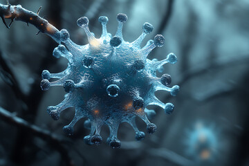 Fototapeta premium Detailed 3D rendering of a virus molecule showcasing its spiked protein structure, highlighting biological details against a blurred background. 