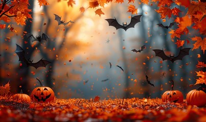 happy halloween concept scary bats silhouettes pumpkins spiders fallen leaves on orange background.