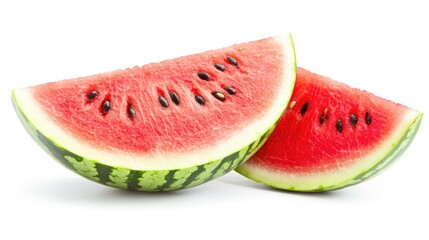 Two slices of watermelon with red flesh and black seeds, isolated on a white background.