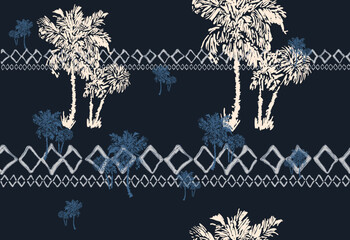 tropical pattern with palmtrees and ethnic elements. perfect design for fabrics, decor and stationery.
