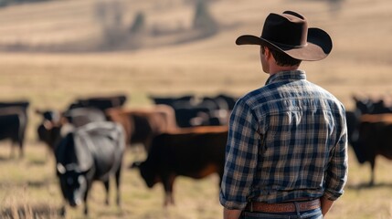 A cowboy wearing a plaid shirt and hat watches over a herd of cows in a wide-open field under a clear sky.